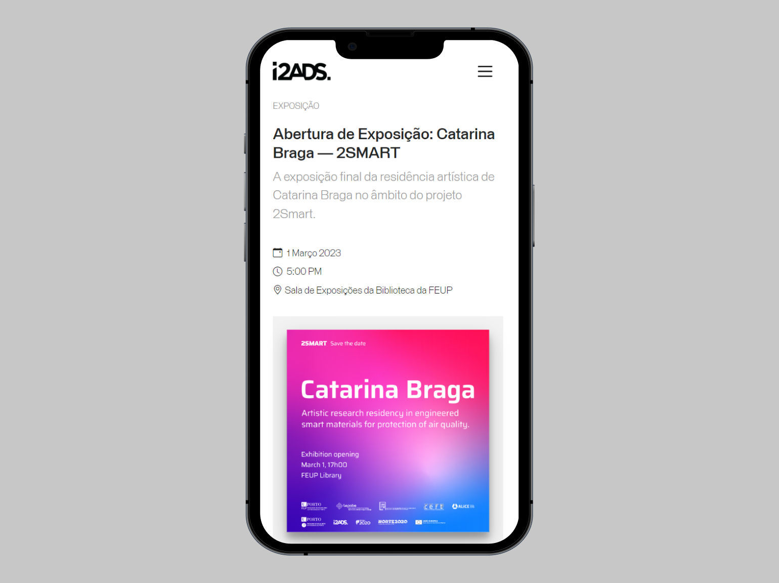 A smartphone screen displaying an announcement for the exhibition opening of Catarina Braga’s artistic research residency within the 2SMART project. The exhibition is scheduled for March 1, 2023, at 5:00 PM at the FEUP Library Exhibition Room