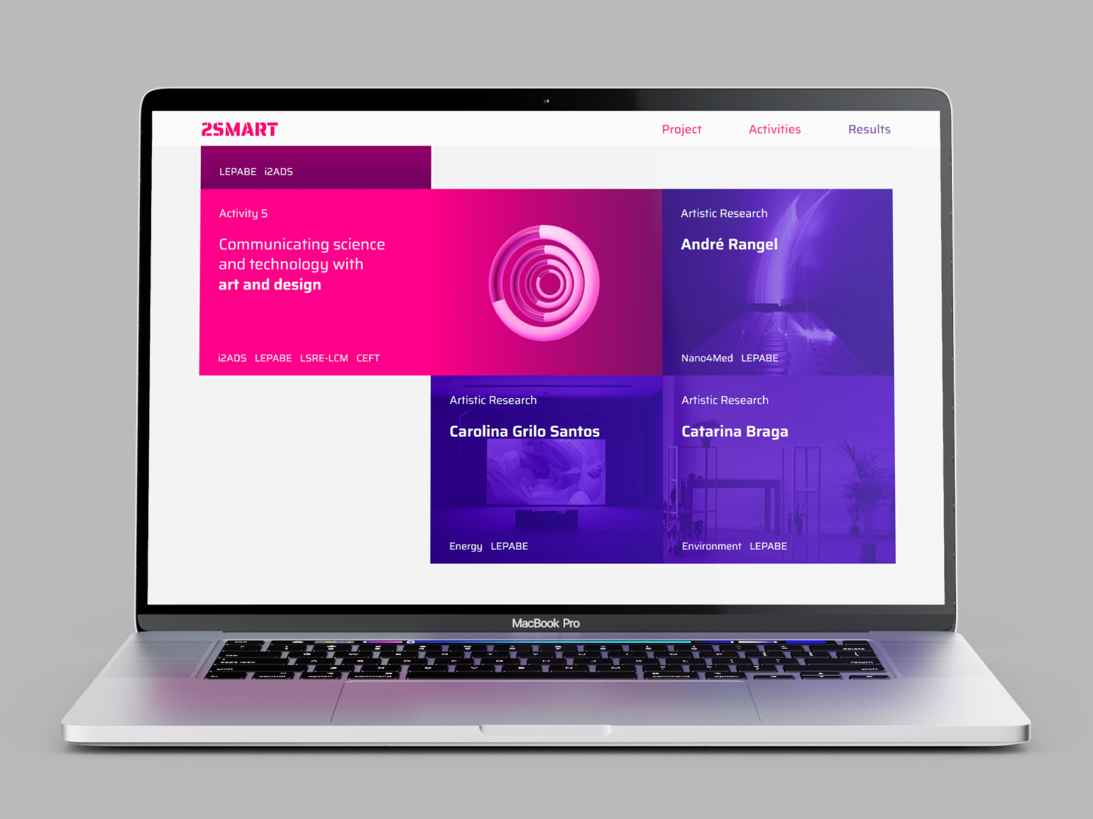 Mockup of the 2SMART website in a Macbook displaying Activity 5, titled 'Communicating science and technology with art and design,' alongside artists André Rangel, Carolina Grilo Santos, and Catarina Braga. The layout includes vibrant magenta and purple blocks with white text, and references to associated research institutes such as i2ADS and LEPABE.