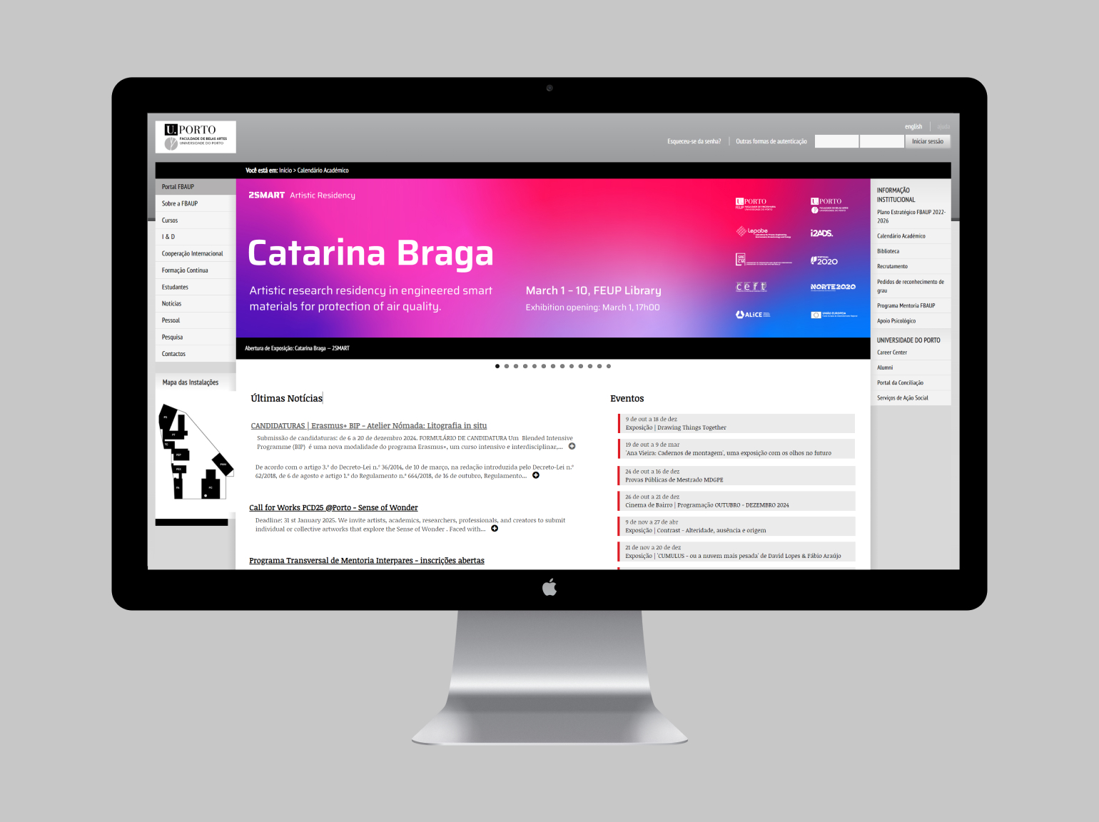 A computer screen displaying the Sigarra platform with an announcement for the exhibition opening of Catarina Braga’s artistic research residency within the 2SMART project.