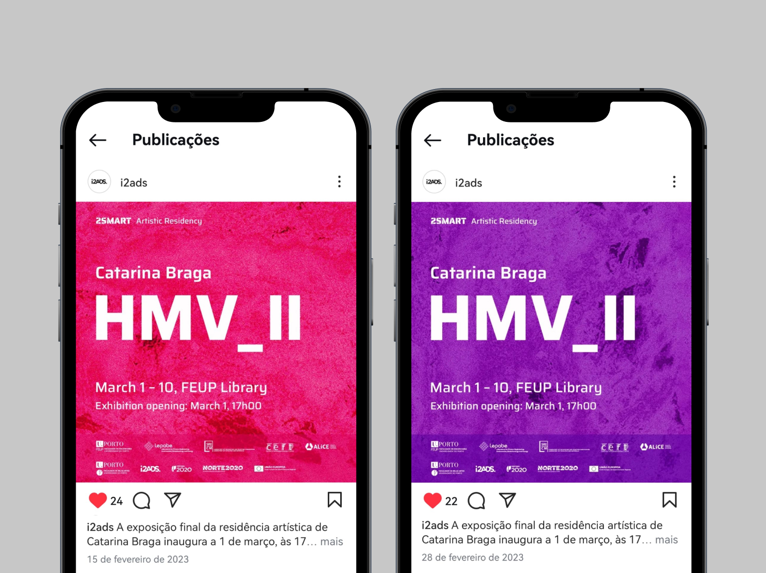 Two smartphone screens showing Instagram posts announcing the exhibition of Catarina Braga’s artistic residency within the 2SMART project. The exhibition will take place from March 1st to 10th at the FEUP Library.