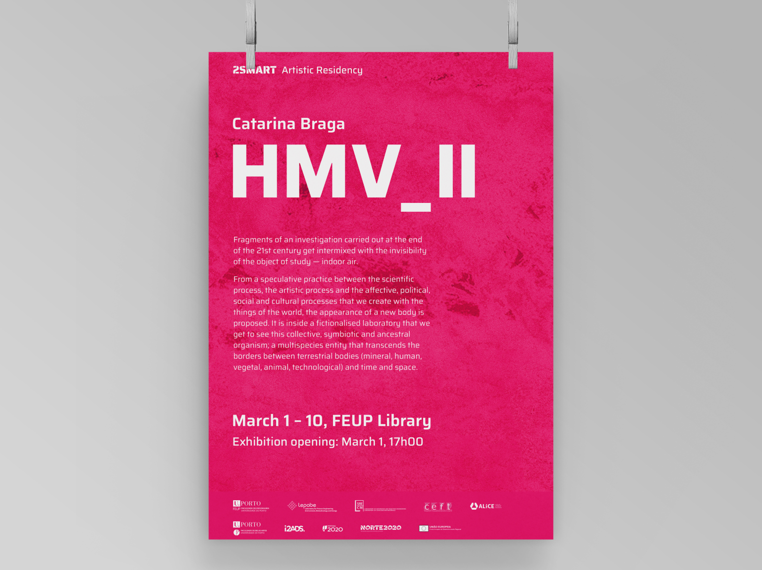 A poster announcing the exhibition ‘HMV_III’  by Catarina Braga, which will take place from March 1st to 10th at the FEUP Library. The poster includes details about the exhibition and information about the 2SMART Artistic Residency.