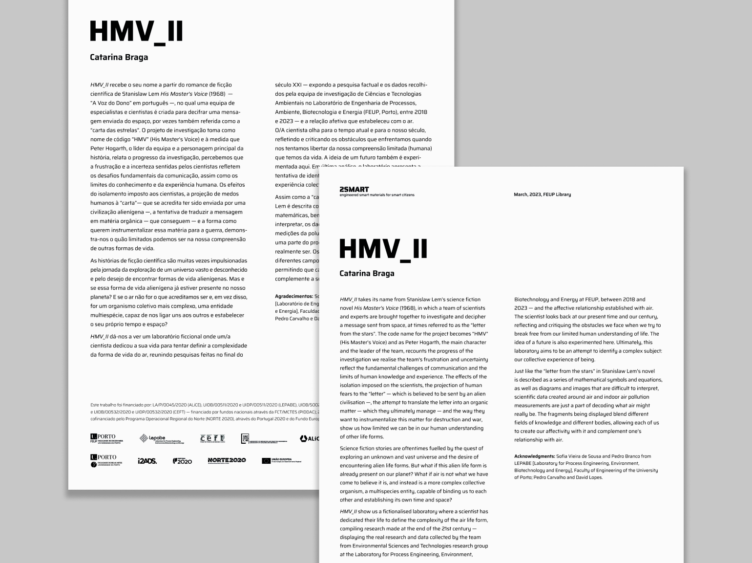 Exhibition text explaining the project ‘HMV_III’ by Catarina Braga, which draws inspiration from Stanislaw Lem’s science fiction novel ‘His Master’s Voice.’ The text discusses the relationship between humans and the environment, and explores the idea of air as a living entity