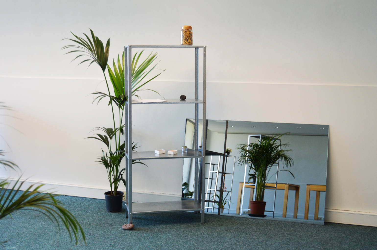 A photograph of a section of the ‘HMV_II’ installation. The image shows a metal shelf unit displaying various objects, including plants and a small jar. A large mirror reflects the scene.