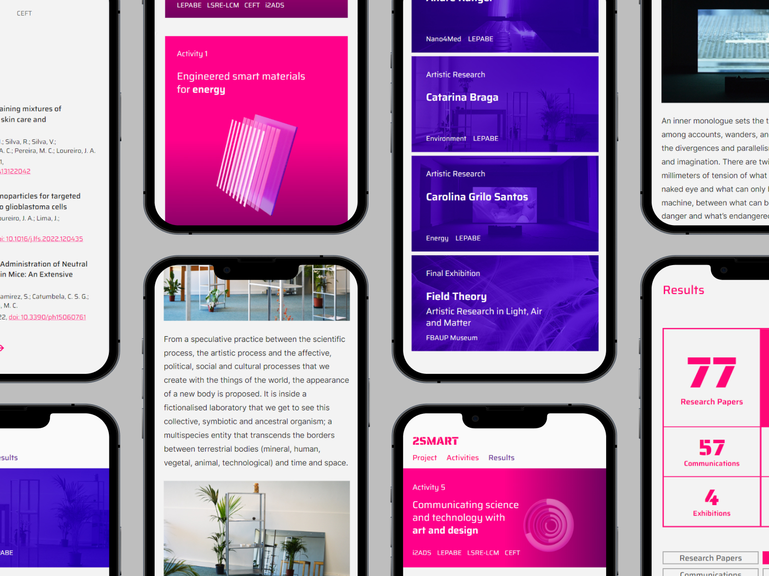 A collage of Iphone Mockups showcasing several parts of the 2SMART website in vibrant pink and purple tones.