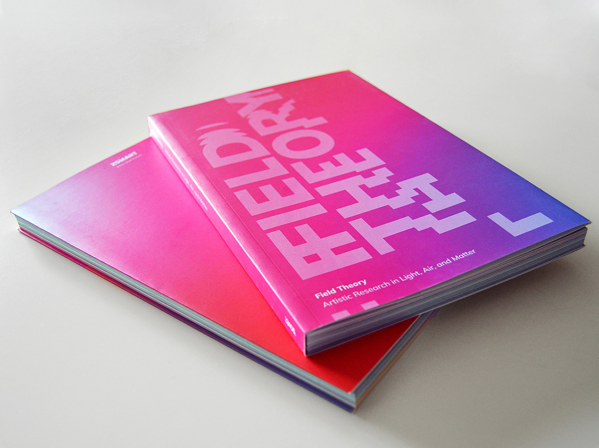 The front and back covers of the book 'Field Theory.' The cover is a vibrant pink and purple gradient with the title embossed in white. The back cover is a solid pink color.