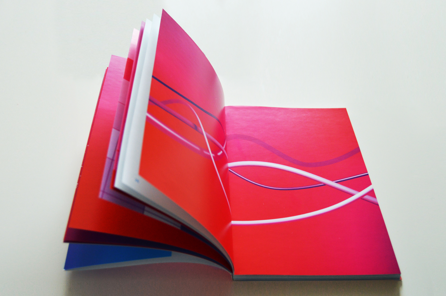 A spread of the book 'Field Theory' showcasing a colorful 3D abstract illustration of a line graph. The illustration features vibrant pink and purple lines on a gradient pink background.