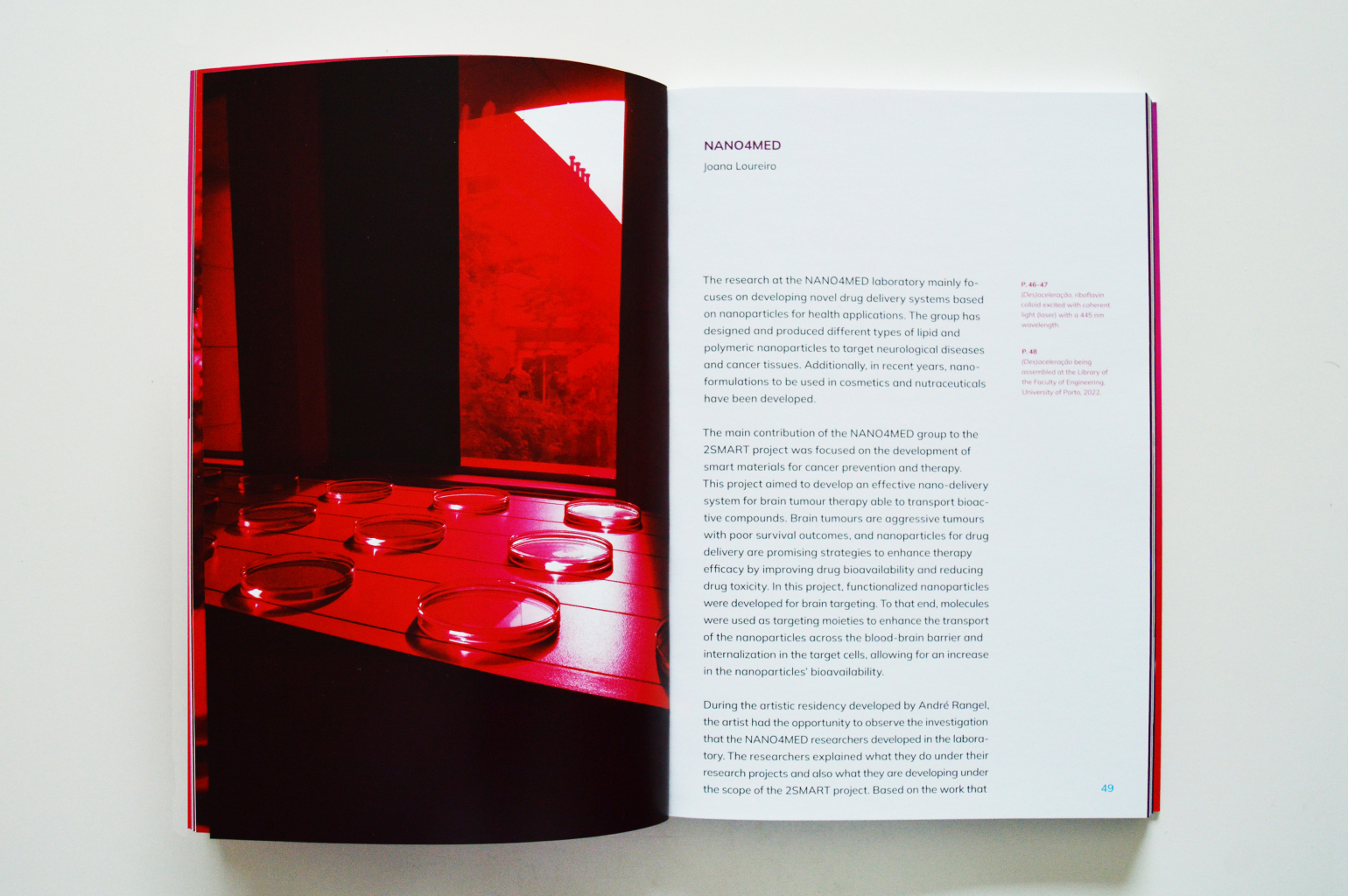 A spread of the book 'Field Theory' showcasing a photograph of petri dishes from André Rangel's exhibition on one page. The other page includes a long text about the NANO4MED lab written by Joana Loureiro