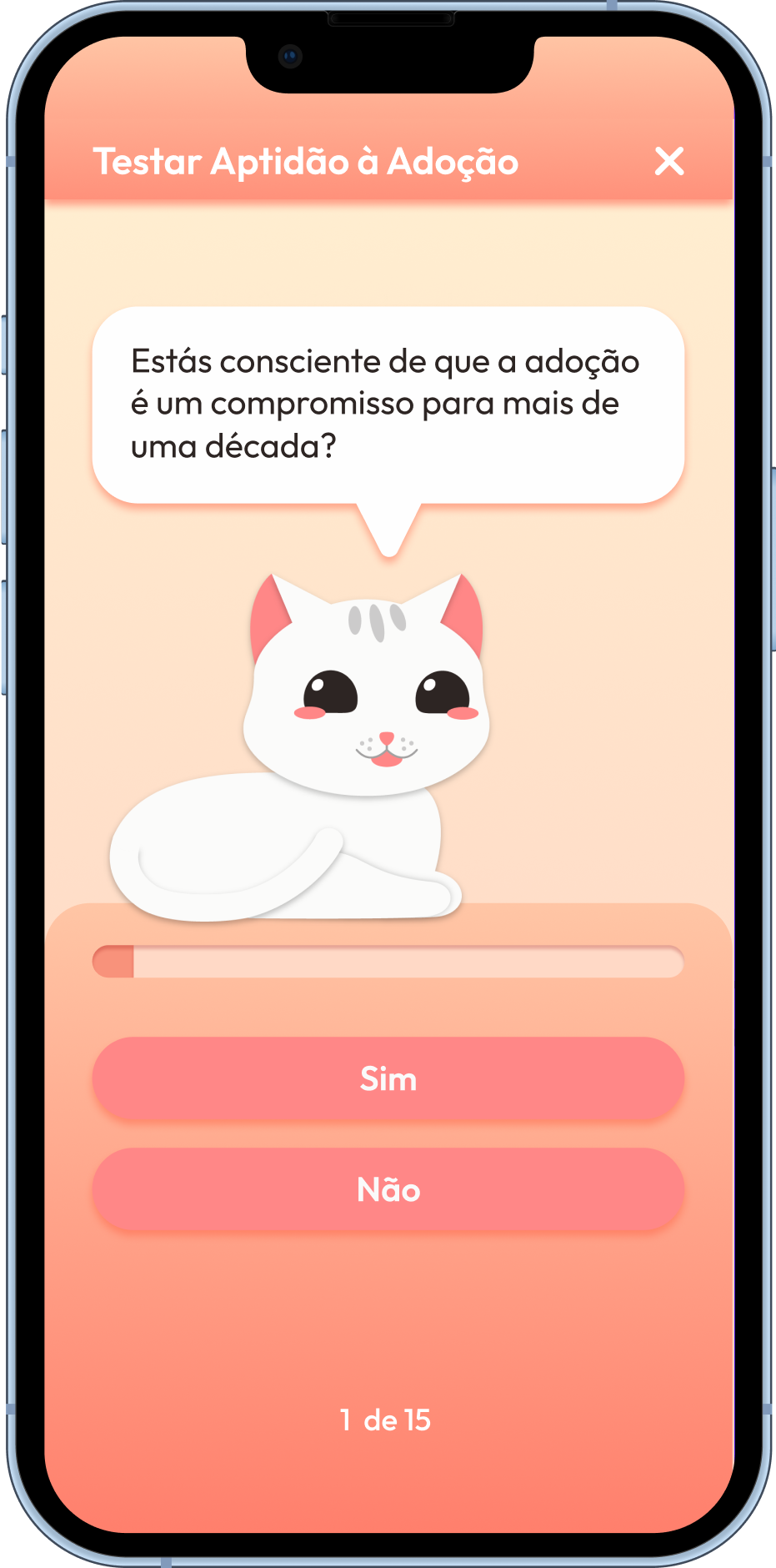 A screenshot of a mobile app screen displaying a question about the user's awareness of the long-term commitment of adoption. The question reads 'Estás consciente de que a adoção é um compromisso para mais de uma década?' (Are you aware that adoption is a commitment for more than a decade?). Below the question, there are two button options: 'Sim' (Yes), and 'Não' (No). A progress bar at the bottom indicates that this is question 1 of 15. A cartoon cat is also present on the screen.