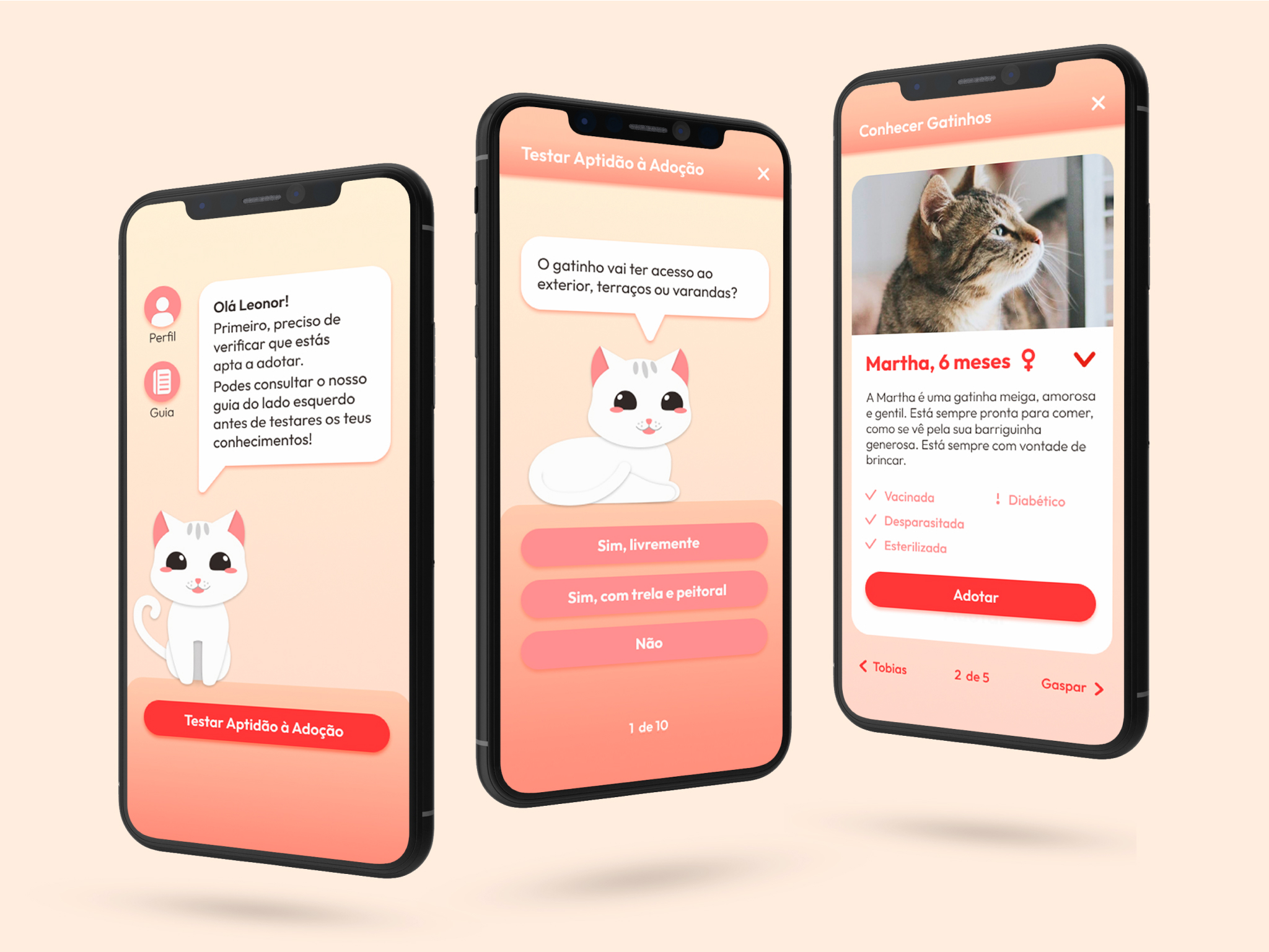 Three mobile screens display the app 'afeiçoa-te'. The first screen depicts the home page, with a cat mascot introducing the user to the application. The second screen shows the adoption aptitude questionnaire, and the third a profile of a cat available for adoption named Martha, aged 6 months, with further adoption details.