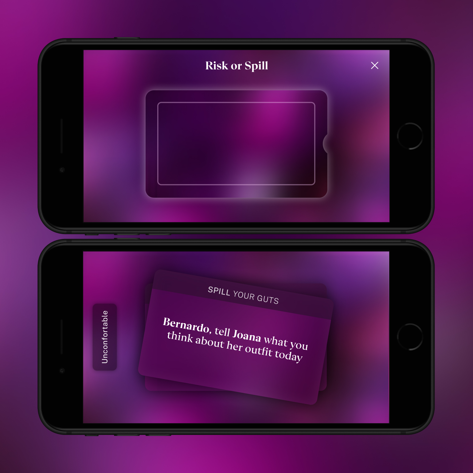 A mockup of the Anathema app, displaying a game called 'Risk or Spill.' The top phone shows a deck. The bottom phone reveals a card with the prompt 'Bernardo, tell Joana what you think about her outfit today,' next to a button labeled 'Uncomfortable.'