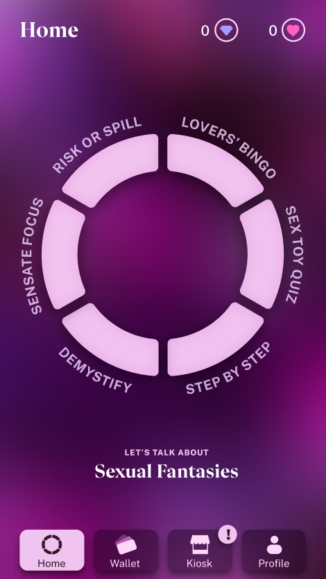 A high-fidelity Anathema app screen in purple colors, showcasing a circular menu with interactive sexual health content. Options include Risk or Spill, Lovers Bingo, and Demystify. A text prompts users to discuss Sexual Fantasies with their partner. The bottom navigation bar offers access to Home, Wallet, Kiosk, and Profile features.