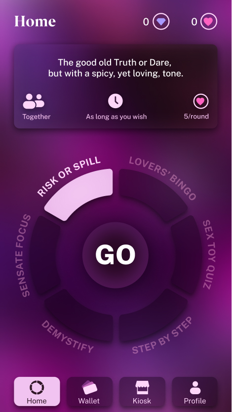 A high-fidelity Anathema app screen in purple colors, displaying details for the Risk or Spill activity. The screen includes a brief description, player requirements, estimated time, and point rewards.