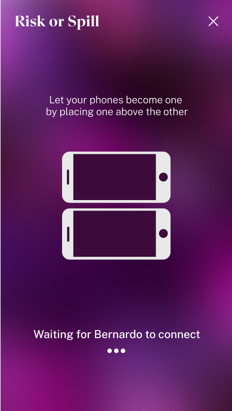 A high-fidelity Anathema app screen in purple colors stating Let your phones become one by placing them side by side and a message indicating that the user is waiting for Bernardo to connect to the Risk or Spill game. Two phone illustrations are displayed side by side.