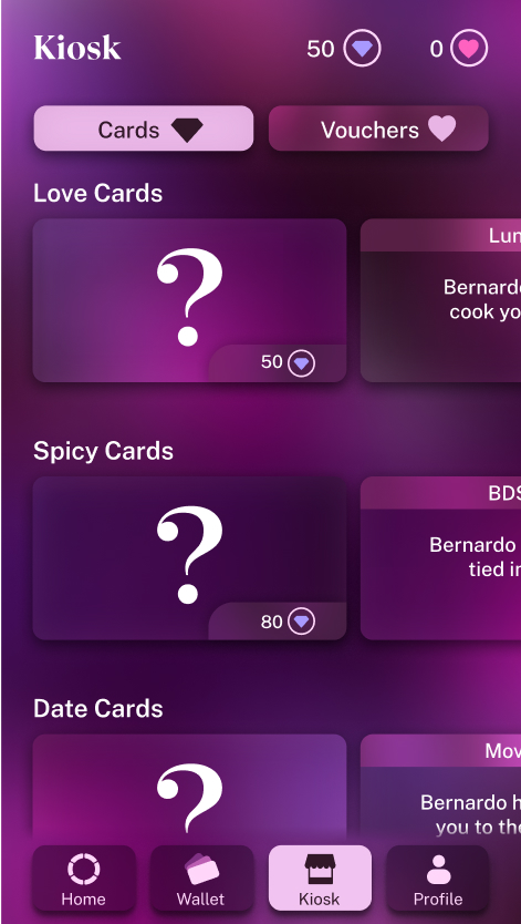 A high-fidelity Anathema app screen in purple colors displaying a kiosk interface with two tabs: Cards and Vouchers. The Cards tab is selected and shows three categories: Love Cards, Spicy Cards, and Date Cards. Each category has an horizontal slider  list of cards. The first card contains a question mark and a price in points currency. Only half of the second card is visible, indicating the need to slide to see more content.