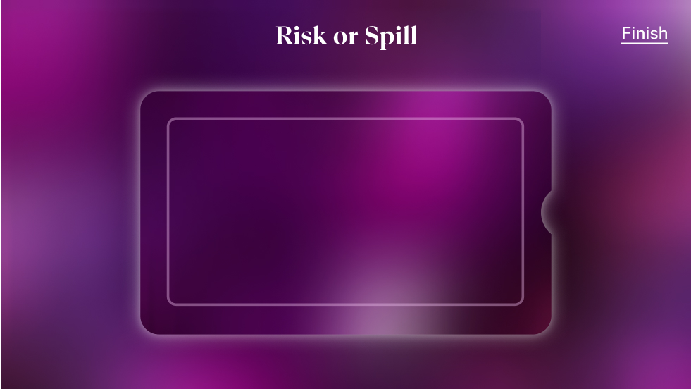 A high-fidelity Anathema screen displaying the first half of the Risk or Spill game in the first player phone. The user sees a card deck where they can click to draw a card, which will be revealed on the second player screen.