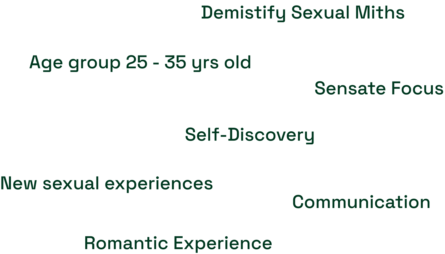 A diagram illustrating a cloud of terms: Demystifying Sexual Myths, Age group 25 - 35 yrs old, Sensate Focus, Self-Discovery, New sexual experiences, Communication, Romantic Experience 