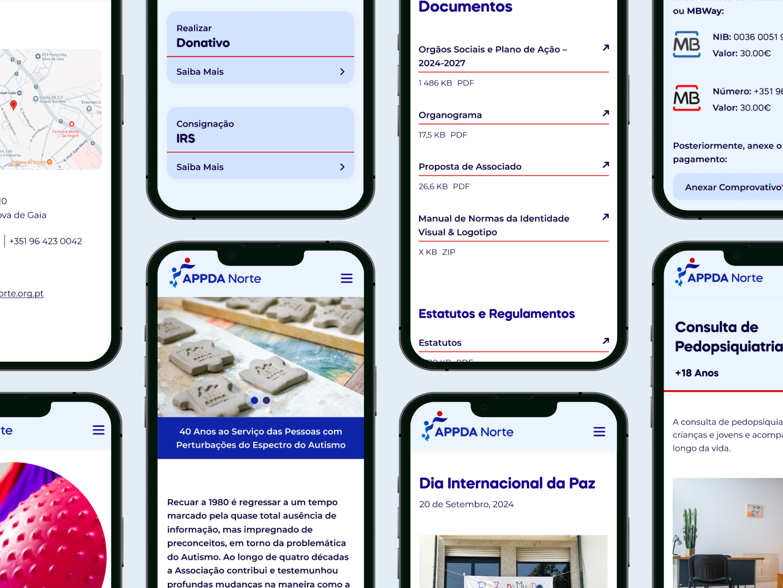 Image showcasing various pages of APPDA Norte's website displayed on multiple iPhones.