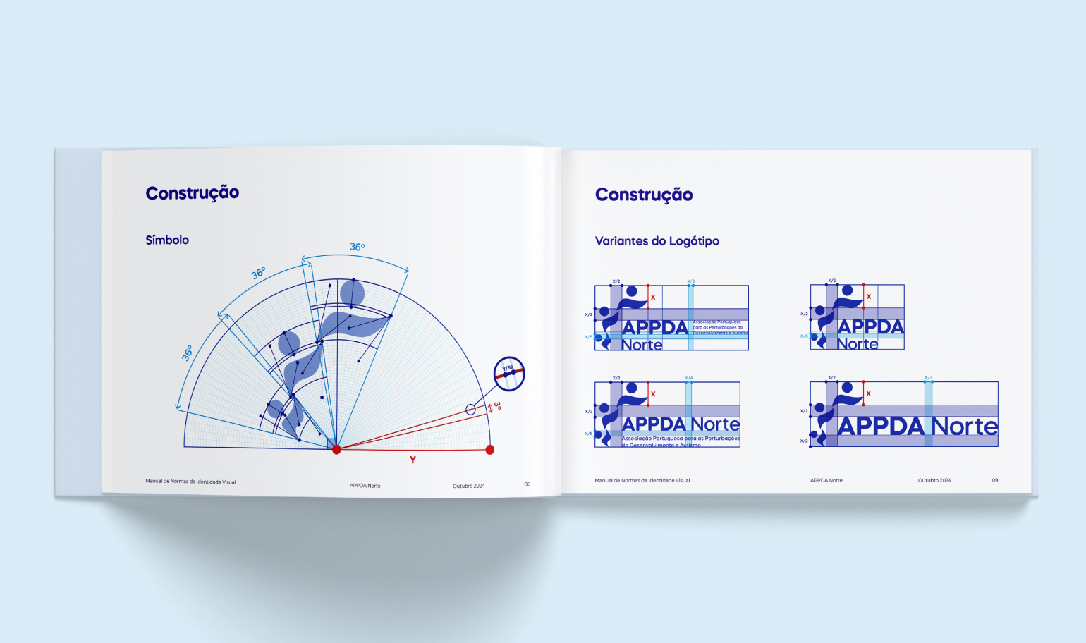 Spread from the APPDA Norte Brand Manual, showing logo construction details and variations.