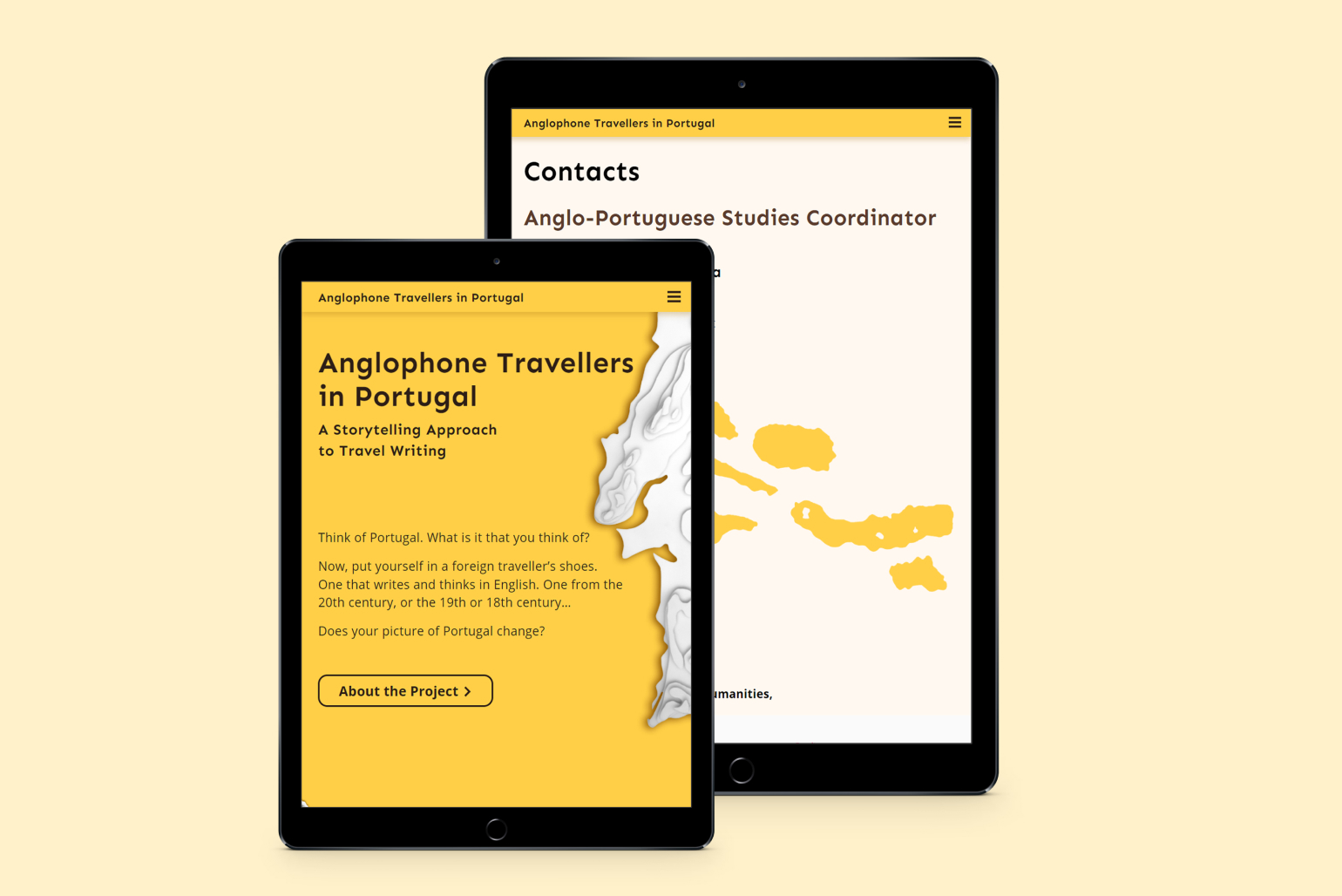 A tablet showcasing the homepage of the Anglophone Travellers in Portugal website. The website features a map of Portugal and text inviting users to consider how their perception of the country might change when viewed through the lens of foreign travelers.