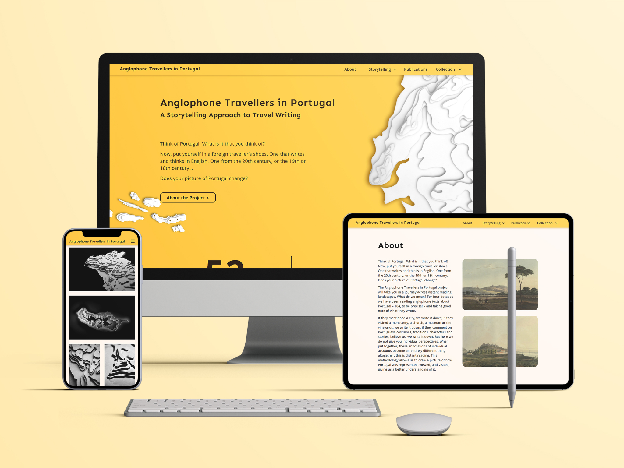 A screenshot of the Anglophone Travellers in Portugal website, featuring a desktop view, a tablet view, and a mobile view.