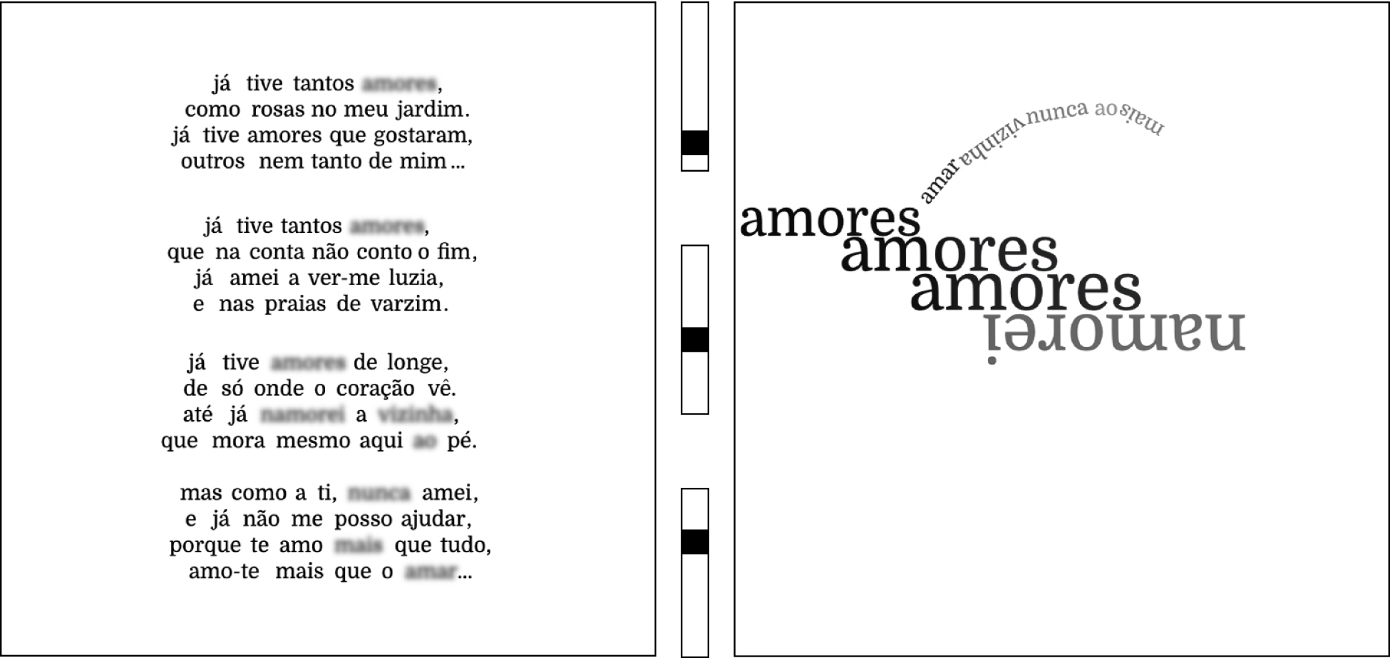 A digital representation of a poem, with interactive elements like buttons and sliders that allow users to reveal hidden parts of the text. The poem is displayed in a black and white design with a gray background.