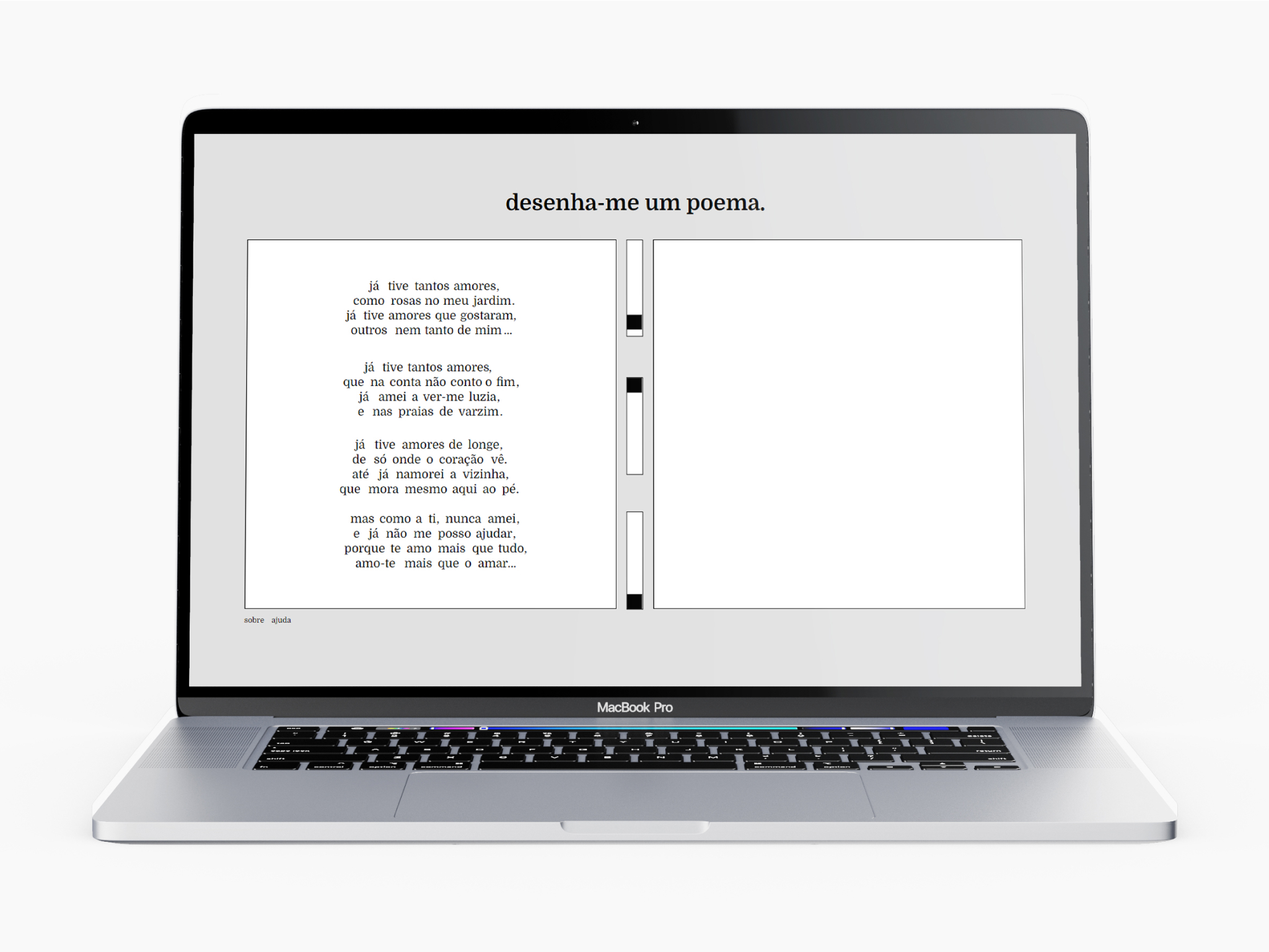 A screenshot of the webpage 'desenha-me um poema.' displayed on a MacBook Pro. On the left, a Portuguese poem is shown inside a white box with a black border. On the right, a blank square with a black border allows users to create their own visual poetry by selecting words from the original poem and adjusting them using the slide controls in the center.