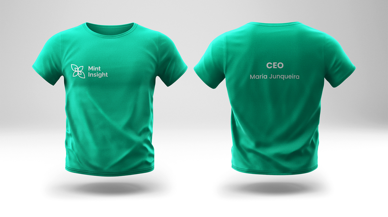 A teal t-shirt with the Mint Insight logo on the front and the text 'CEO Maria Junqueira' on the back.