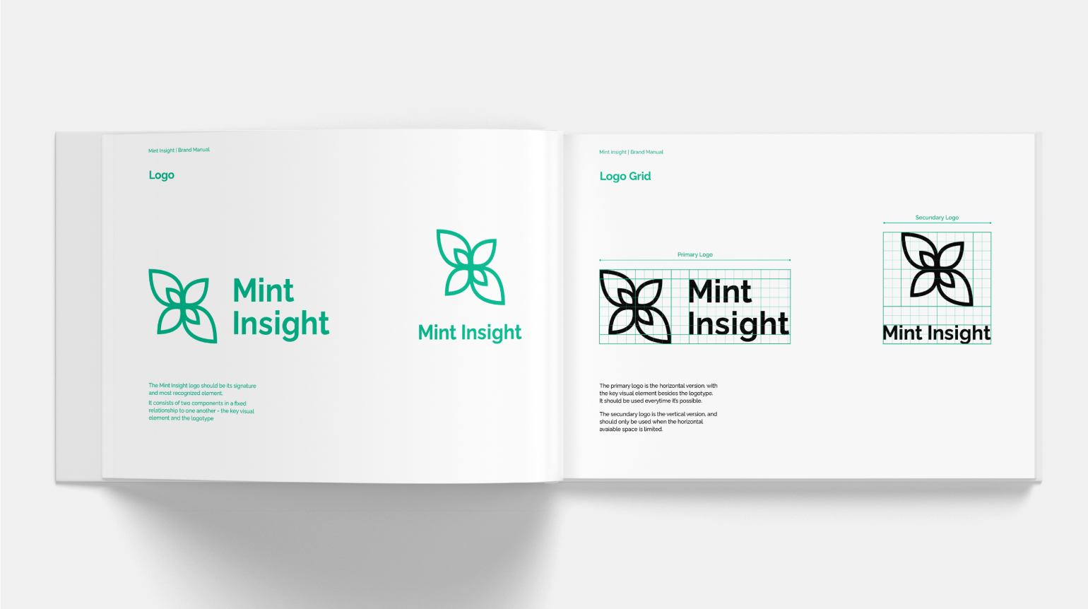 A spread from the Mint Insight brand manual, featuring the primary and secundary logo, along with their respective grids.