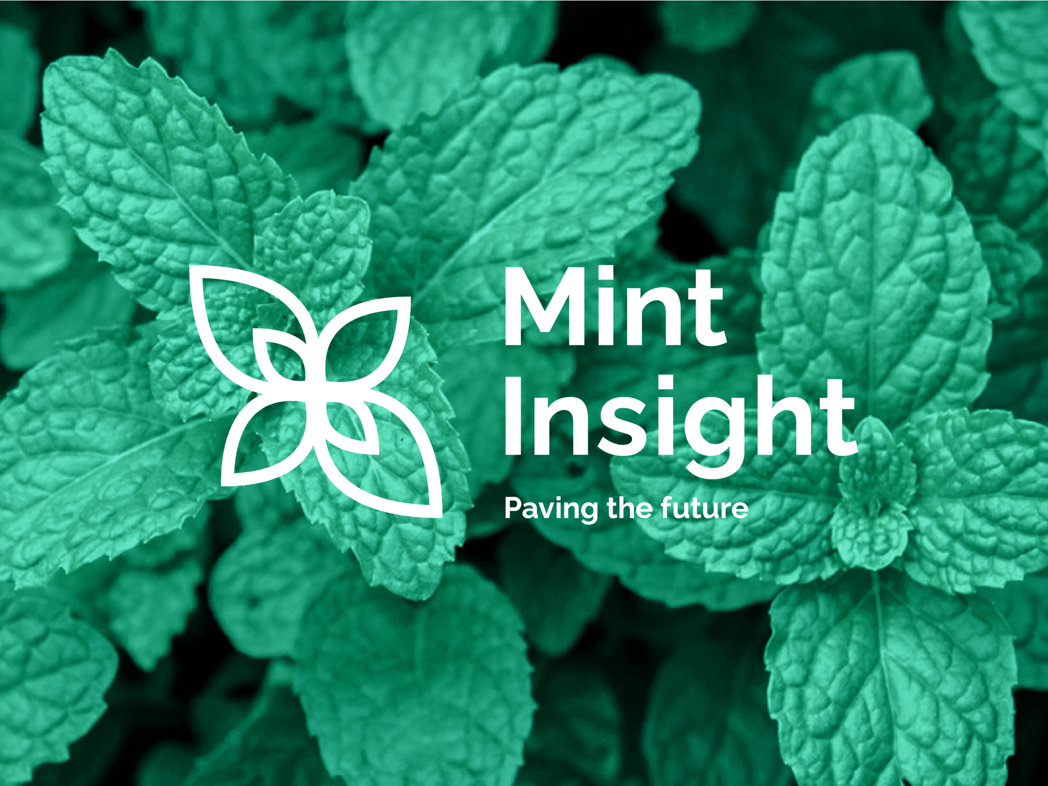 Logotype for 'Mint Insight' set against a green background of mint leaves. The logo is composed of a stylized geometric leaf design integrated with the company name, which is prominently displayed in bold white letters. Below the name is the tagline 'Paving the future' also in white text.