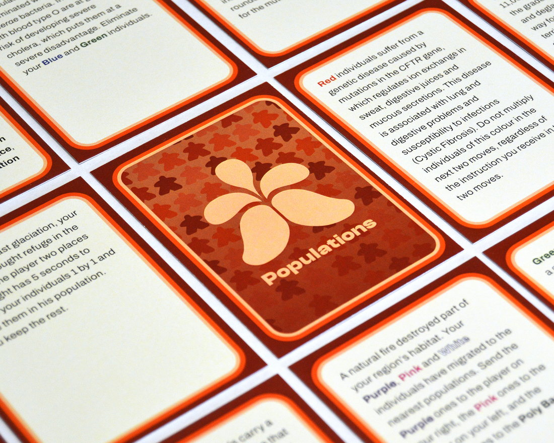 A close-up of cards from the orange deck of the Populations board game