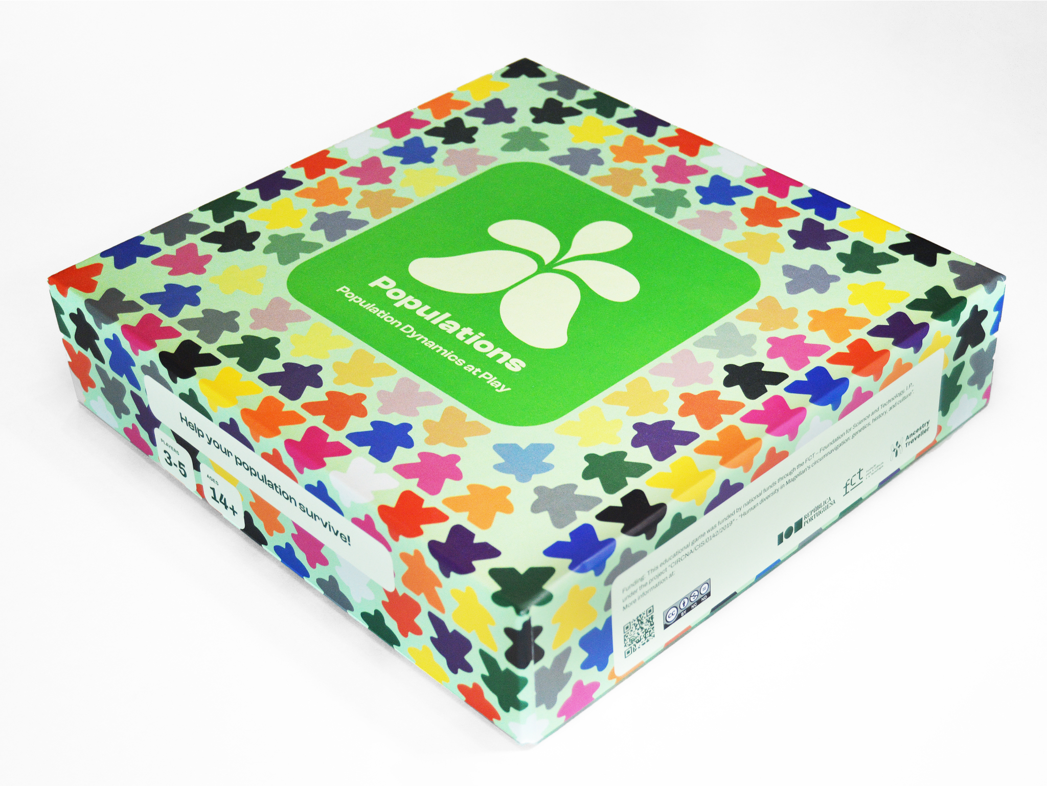 Box for the Populations board game, featuring a colorful design with meeples and the game logo