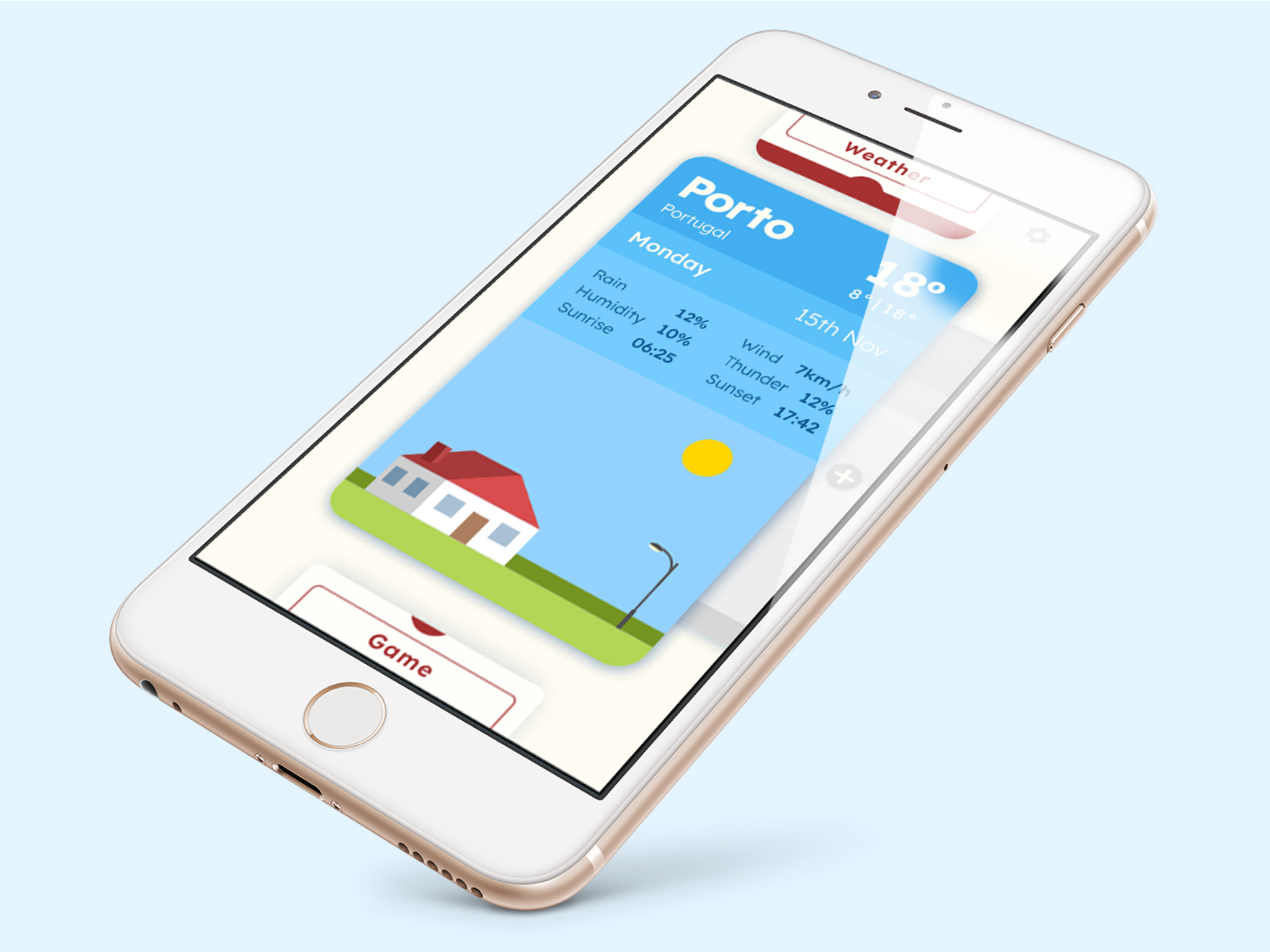 Mockup of a smartphone displaying the 'Sky Tales' application. The screen shows a weather forecast for Porto, Portugal, with a blue card indicating the temperature (18°C) and detailed weather information for Monday, November 15th. Data includes rain probability (12%), humidity (10%), wind speed (7 km/h), and sunrise/sunset times. Below the card, there’s an illustrated scene of a house with a red roof on a grassy field under a sunny sky. The navigation bar at the bottom highlights the 'Game' tab, while the 'Weather' tab is active at the top.
