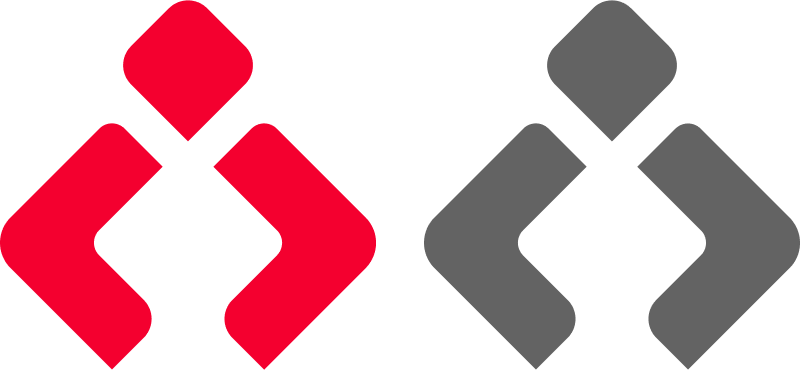 Two human-like pictograms from Traqueno's logo positioned side by side: the left one is red, and the right one is gray. Each pictogram consists of a diamond-shaped head above two angled lines forming an open-ended diamond-like body.