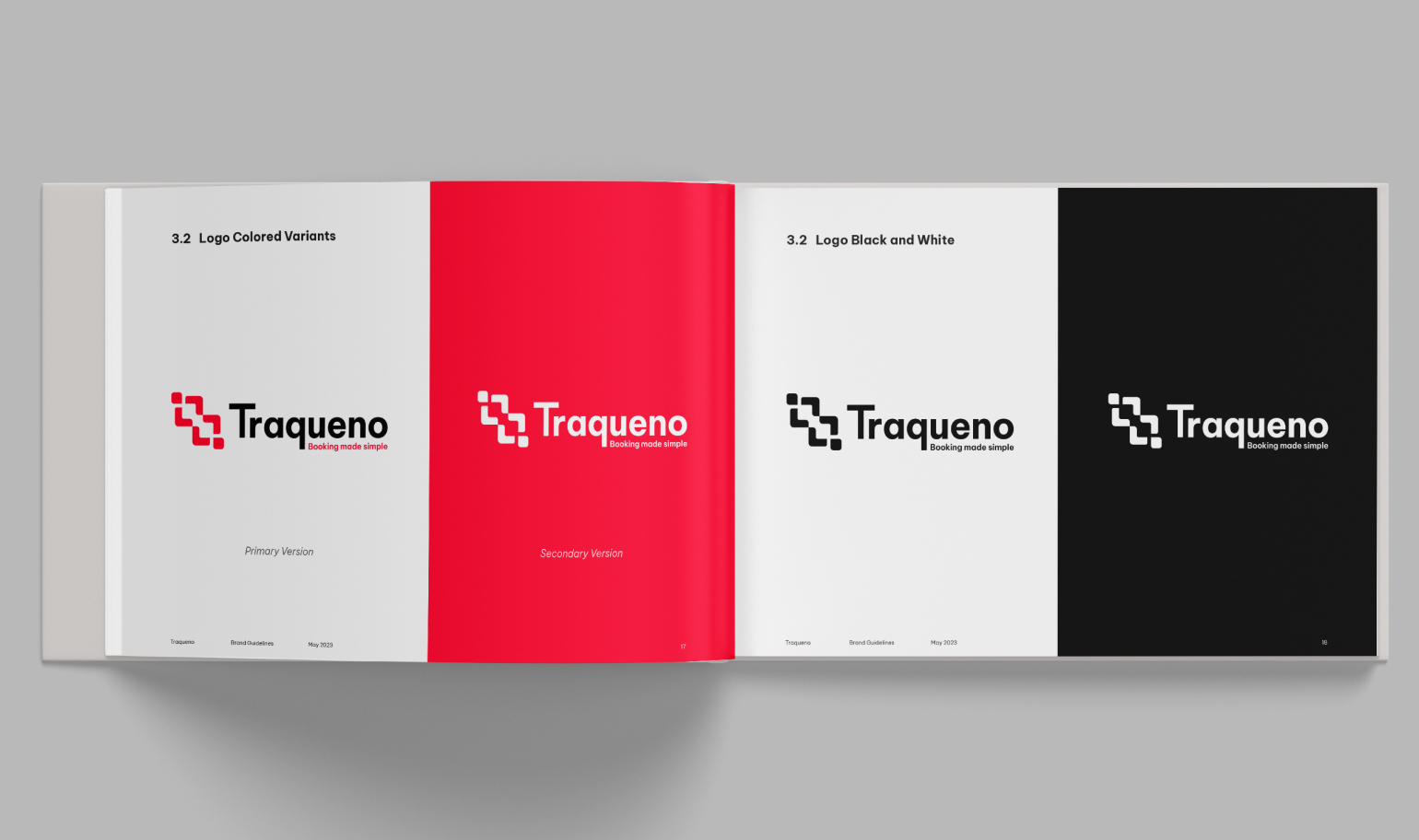 A double-page spread from the Traqueno brand guidelines, showcasing the logotype in various color and black and white versions. On the left page, titled '3.2 Logo Colored Variants,' two logotype variations are displayed: a black and red primary version over white and a white secondary version over red. On the right page, titled '3.2 Logo Black and White,' two logotype variations are shown: a black logotype on a white background and a white logotype on a black background. Each logo features the Traqueno wordmark and the brandmark.