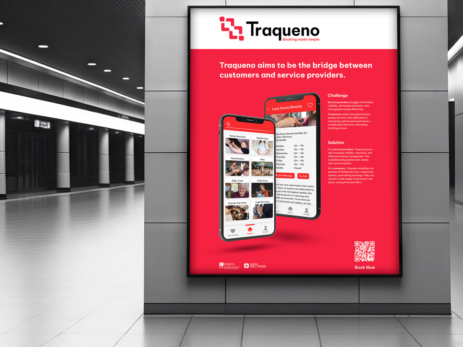 A commercial poster for Traqueno's application showcasing two phone mockups. It reads 'Traqueno aims to be the bridge between customers and service providers'. It includes a QR code to the app.