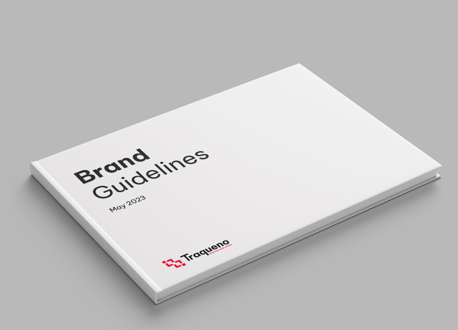 A clean, minimalistic cover design for Traqueno's Brand Guidelines book. The cover, dated May 2023, features a white background with bold black text reading 'Brand Guidelines' in a modern sans-serif font. The Traqueno logotype is placed in the bottom right corner.