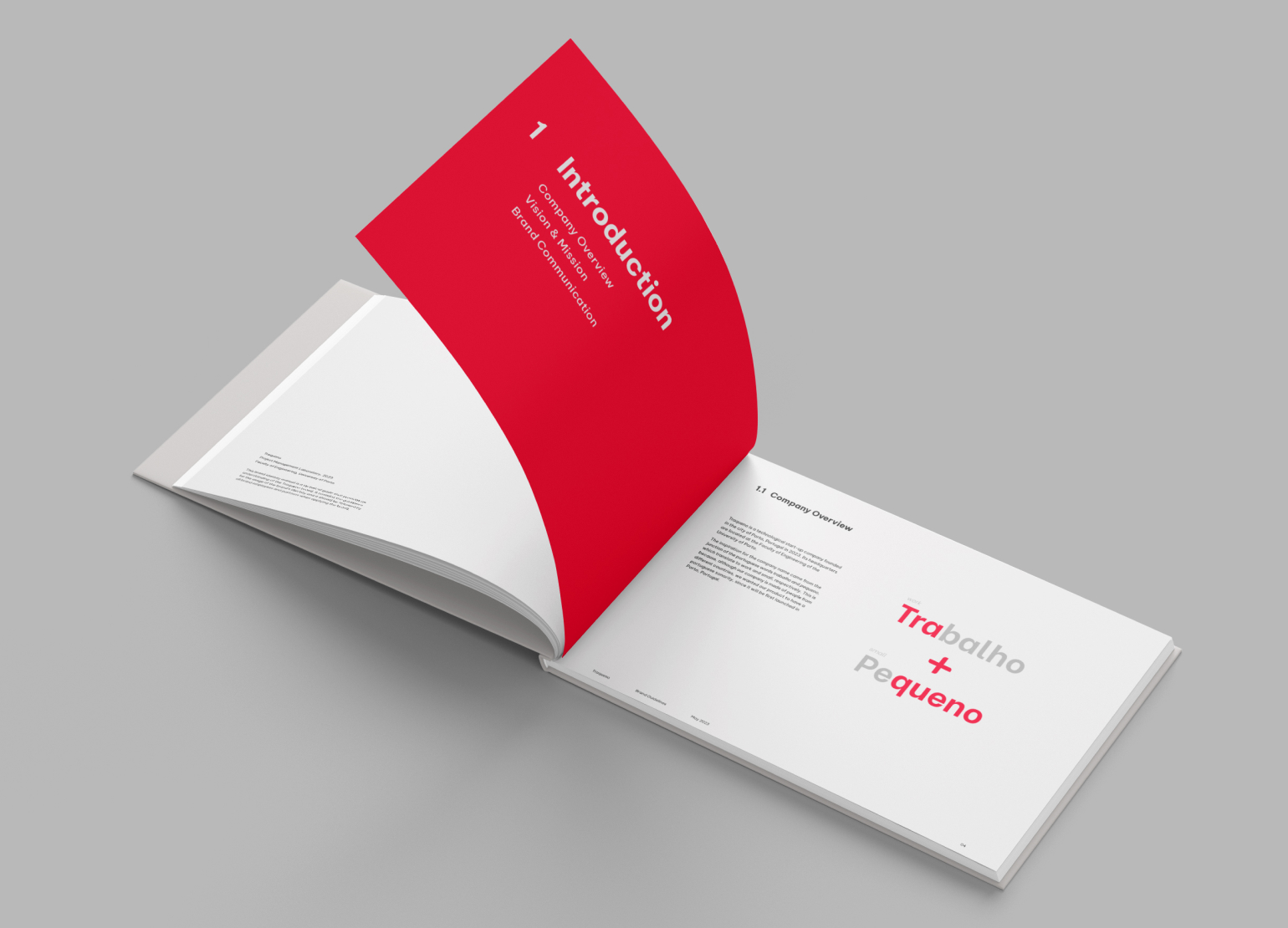 Traqueno's Brand Guidelines book opened. The left page is red with '1. Introduction' printed, and the right page features the word 'Trabalho', meaning work, followed by a plus symbol and the word 'Pequeno', meaning 'small' in a bold font. Part of the word 'Trabalho', 'Tra' and 'Pequeno', 'queno' is in red, while the remaining is in light gray, higlihting the company's name 'Traqueno' origin