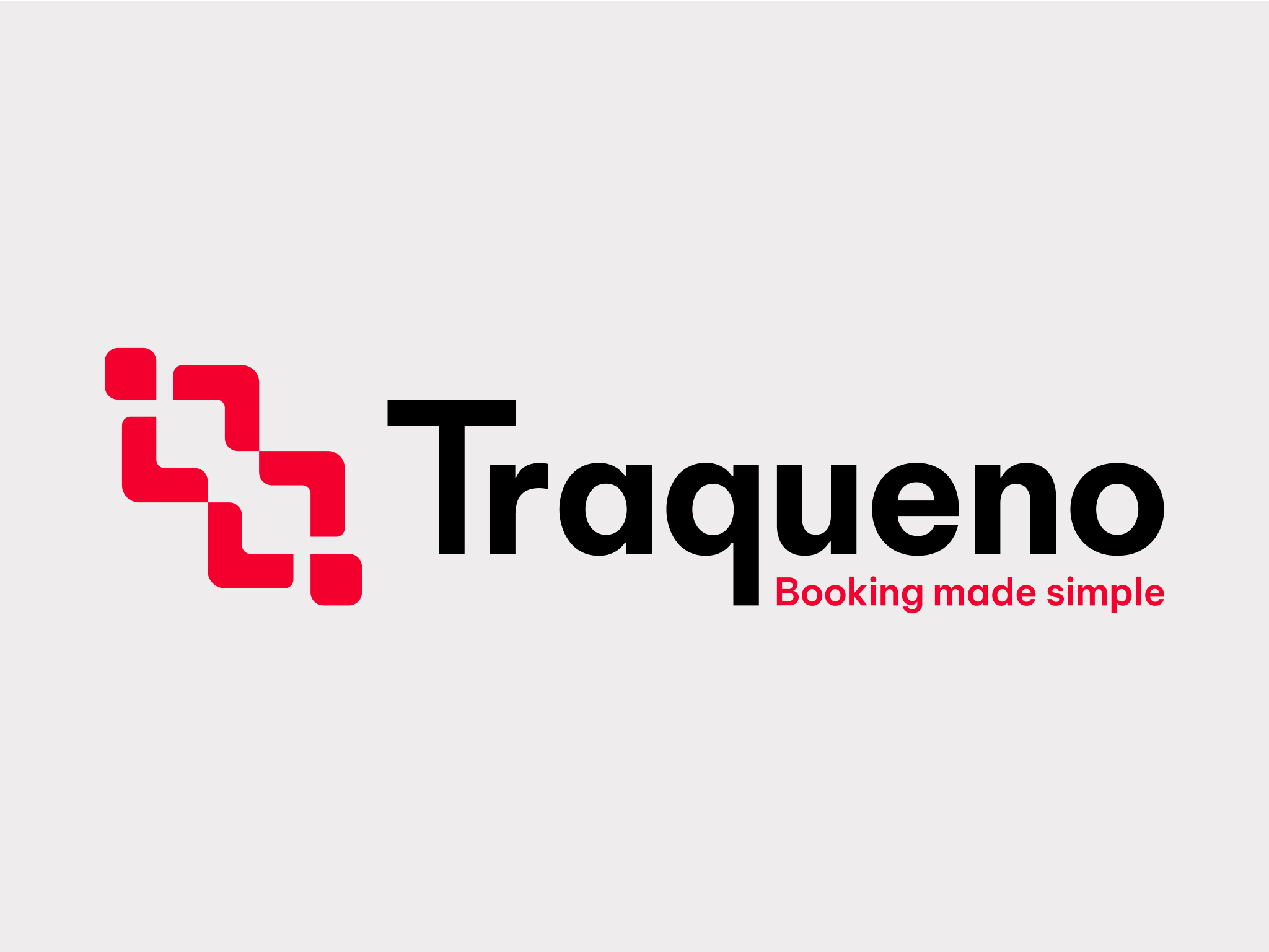 The Traqueno logotype over a gray background. It features the company's brandmark: two red stylized human figures with diamond-shaped heads and open-ended bodies, connected together at the hands and positioned at a 45-degree angle. The word 'Traqueno' is displayed in black text alongside the brandmark, with the tagline 'Booking made simple' in smaller scale and in red below.